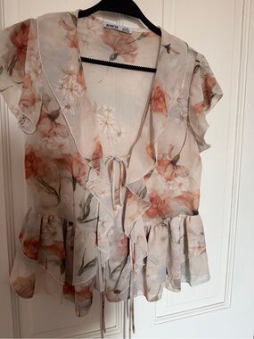 Devoted Floral Ruffle Tie-Front Blouse - Peach on Cream